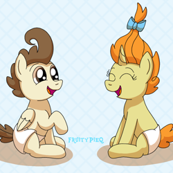 Size: 1000x1000 | Tagged: safe, artist:fruiitypieq, artist:shycookieq, pound cake, pumpkin cake, pegasus, pony, unicorn, g4, baby, baby pony, bow, brother and sister, cake twins, colt, cute, diaper, duo, female, filly, foal, hair bow, male, open mouth, open smile, poundabetes, pumpkinbetes, siblings, smiling, twins