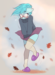 Size: 1237x1680 | Tagged: safe, artist:rexyseven, oc, oc only, oc:whispy slippers, anthro, blushing, clothes, glasses, leaves, skirt, slippers, socks, solo, thigh highs, turtleneck, wind, zettai ryouiki