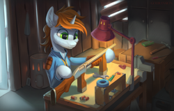 Size: 3963x2524 | Tagged: safe, artist:foxpit, oc, oc only, oc:littlepip, pony, unicorn, fallout equestria, ammunition, clothes, female, glue, gun, hammer, high res, lamp, mare, mint-als, screwdriver, shotgun, shotgun shell, solo, tools, weapon, workbench, wrench