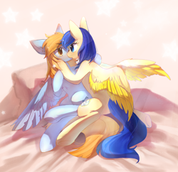 Size: 4118x3986 | Tagged: artist needed, safe, oc, oc only, oc:yun fluttershy, pegasus, pony, bed, couple, female, lesbian, mare, pegasus oc, shipping