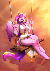 Size: 3508x4961 | Tagged: safe, artist:sugarstar, princess cadance, alicorn, anthro, unguligrade anthro, g4, absolute cleavage, breasts, cleavage, clothes, dress, eyes closed, female, horn, side slit, sitting, sky, smiling, solo, sparkles, swing, wings