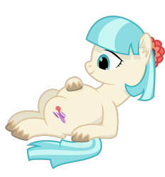 Size: 2433x2616 | Tagged: safe, artist:mrkm, coco pommel, earth pony, pony, g4, belly, coco preggo, ear fluff, female, high res, hoof on belly, looking at belly, lying down, mare, on back, pregnant, simple background, smiling, solo, transparent background, unshorn fetlocks