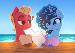 Size: 958x682 | Tagged: artist needed, source needed, safe, misty brightdawn, sprout cloverleaf, earth pony, pony, unicorn, g5, beach, bubble, cornrows, cute, date, drink, drinking, drinking straw, duo, duo male and female, female, freckles, heart, looking at someone, male, mare, maretime bay, mistybetes, ocean, ship:mistyclover, shipping, sitting, smiling, sproutbetes, stallion, straight, sun, sunset, table, unshorn fetlocks, water