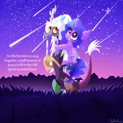 Size: 2048x2048 | Tagged: safe, artist:thebigstuff, artist:thebigstuff89, discord, izzy moonbow, butterfly, draconequus, pony, unicorn, g5, spoiler:g5comic, cute, duo, duo male and female, female, grass, high res, izzybetes, male, mare, meteor shower, mountain, night, old man discord, open mouth, open smile, shooting star, signature, smiling, starry eyes, stars, wingding eyes