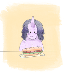 Size: 700x800 | Tagged: safe, artist:maggot, oc, oc only, pony, unicorn, food, looking down, male, no ears, sandwich, solo, squint, stallion, submarine sandwich, sweat