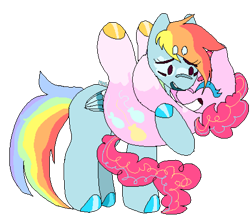 Size: 1808x1588 | Tagged: safe, artist:maggot, pinkie pie, rainbow dash, earth pony, pegasus, pony, g4, wonderbolts academy, beanbrows, coat markings, cute, duo, eyebrows, eyes closed, female, folded wings, grin, holding a pony, hooves, hug, lesbian, mare, redraw, ship:pinkiedash, shipping, simple background, smiling, socks (coat markings), tail, transparent background, wings