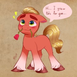 Size: 2048x2048 | Tagged: safe, artist:haruh_ink, sprout cloverleaf, earth pony, pony, g5, blushing, bronybait, cute, dialogue, floppy ears, flower, heart, high res, holiday, male, mouth hold, rose, solo, speech bubble, sproutbetes, stallion, talking to viewer, text, unshorn fetlocks, valentine's day
