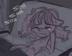 Size: 915x705 | Tagged: safe, anonymous artist, sunny starscout, earth pony, pony, series:anorexic sunny, g5, anorexia, anorexic, bed, concave belly, crying, emaciated, eyes closed, female, hospital, hospital bed, iv drip, mare, messy mane, on bed, ribcage, ribs, skinny, sobbing, solo, starvation, thin, unshorn fetlocks