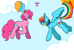 Size: 1342x910 | Tagged: safe, artist:maggot, pinkie pie, rainbow dash, earth pony, pegasus, pony, g4, ^^, airship, balloon, blushing, cloud, duo, duo female, eyes closed, female, floating, flying, grin, mare, one eye closed, open mouth, open smile, requested art, sharp teeth, sky, smiling, spread wings, sun, teeth, then watch her balloons lift her up to the sky, underhoof, wings, zeppelin