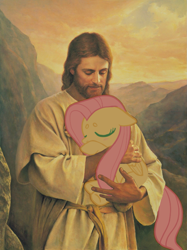 Size: 1219x1631 | Tagged: safe, artist:del parson, artist:maggot, edit, fluttershy, human, pegasus, pony, g4, beanbrows, blushing, christianity, clothes, duo, duo male and female, eyebrows, eyes closed, female, floppy ears, folded wings, holding a pony, jesus christ, male, mare, outdoors, religion, wings