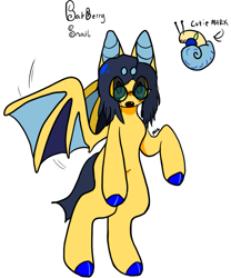 Size: 911x1096 | Tagged: safe, artist:maggot, oc, oc only, oc:batberry snail, bat pony, original species, pony, snail, snail pony, bat ears, colored hooves, cutie mark, fire, glasses, open mouth, reference sheet, simple background, solo, spread wings, white background, wings