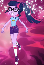Size: 388x570 | Tagged: safe, screencap, sci-twi, twilight sparkle, human, equestria girls, g4, my little pony equestria girls: legend of everfree, cropped, cute, eyes closed, eyeshadow, glasses, happy, makeup, purple eyeshadow, solo, sparkles