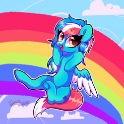 Size: 2048x2048 | Tagged: safe, artist:plushtrapez, oc, oc only, pegasus, pony, colored wings, eyelashes, female, high res, mare, pegasus oc, rainbow, raised hoof, sky, smiling, solo, two toned wings, underhoof, wings