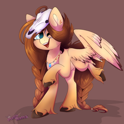 Size: 2048x2048 | Tagged: safe, artist:plushtrapez, oc, oc only, oc:ondrea, pegasus, pony, braid, braided tail, brown background, female, high res, mare, one eye closed, pegasus oc, raised hoof, simple background, skull, solo, tail, unshorn fetlocks, wings, wink