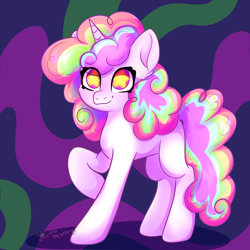 Size: 2048x2048 | Tagged: safe, artist:plushtrapez, oc, oc only, pony, unicorn, abstract background, high res, horn, raised hoof, smiling, solo, starry eyes, unicorn oc, wingding eyes