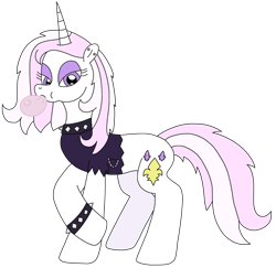 Size: 2315x2248 | Tagged: safe, artist:supahdonarudo, fleur-de-lis, pony, unicorn, series:fleurbuary, g4, alternate hairstyle, bubblegum, clothes, collar, ear piercing, food, gum, high res, looking at you, piercing, punk, shirt, simple background, solo, spiked collar, spiked wristband, transparent background, wristband