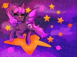 Size: 2732x2048 | Tagged: safe, artist:plushtrapez, oc, oc only, oc:plush, bat pony, pony, bandaid, bandaid on nose, bat pony oc, bat wings, eyes closed, high res, open mouth, open smile, smiling, solo, stars, wings