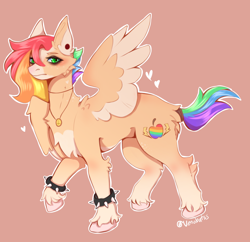 Size: 1776x1720 | Tagged: safe, artist:venobatss, oc, oc only, pegasus, pony, colored wings, ear piercing, jewelry, magical lesbian spawn, multicolored hair, necklace, offspring, parent:applejack, parent:rainbow dash, parents:appledash, pegasus oc, piercing, rainbow hair, raised hoof, solo, spiked wristband, two toned wings, unshorn fetlocks, wings, wristband