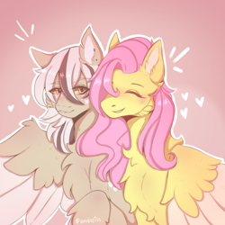 Size: 2000x2000 | Tagged: safe, artist:venobatss, fluttershy, oc, oc:milk tea, pegasus, pony, g4, chest fluff, colored wings, duo, duo female, eye clipping through hair, eyebrows, eyebrows visible through hair, eyes closed, female, gradient background, grin, heart, high res, mare, mother and child, mother and daughter, offspring, parent:fluttershy, pegasus oc, signature, smiling, spread wings, two toned wings, wings