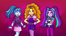 Size: 1256x686 | Tagged: safe, artist:felicitea, adagio dazzle, aria blaze, sonata dusk, human, equestria girls, g4, crossed arms, female, hand on hip, open mouth, open smile, simple background, smiling, the dazzlings, trio, trio female