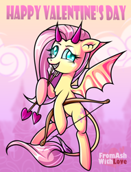 Size: 1900x2486 | Tagged: safe, artist:loverashley, fluttershy, bat pony, pony, g4, arrow, bat ponified, bow (weapon), bow and arrow, devil horns, eyelashes, female, flutterbat, grin, hearts and hooves day, holiday, horns, mare, race swap, smiling, solo, valentine's day, weapon