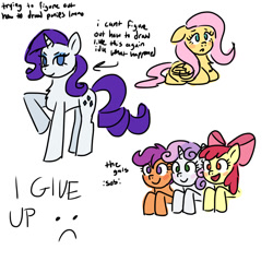 Size: 1000x1000 | Tagged: safe, artist:felicitea, apple bloom, fluttershy, rarity, scootaloo, sweetie belle, earth pony, pegasus, pony, unicorn, g4, apple bloom's bow, bow, cutie mark crusaders, female, filly, foal, hair bow, lying down, mare, ponyloaf, prone, simple background, text, white background