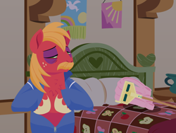 Size: 2880x2160 | Tagged: safe, alternate version, anonymous artist, big macintosh, fluttershy, earth pony, pony, series:fm holidays, g4, bed, bedroom, black eye, buckethead wendy, captain murphy, chest fluff, clothes, facial hair, female, fluttermop, fluttershy's bedroom, fluttershy's cottage, heart, high res, jumpsuit, lineless, looking at each other, looking at someone, male, mare, mop, moustache, no pupils, open clothes, scene interpretation, sealab 2021, ship:fluttermac, shipping, stallion, straight, undressing