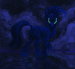Size: 1700x1567 | Tagged: safe, artist:hilloty, oc, oc only, zebra, cloud, looking at you, male, night, solo, water, zebra oc