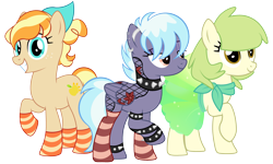 Size: 3968x2376 | Tagged: safe, artist:emperor-anri, artist:howie, oc, oc only, oc:basil, oc:icy dusk, oc:melania, earth pony, pegasus, pony, 2023 community collab, derpibooru community collaboration, g4, anklet, ballerina, bandana, base used, choker, clothes, ear piercing, female, freckles, grin, high res, jewelry, magical lesbian spawn, mare, nose piercing, offspring, parent:applejack, parent:cloudchaser, parent:coloratura, parent:thunderlane, parents:rarajack, parents:thunderchaser, piercing, raised hoof, scarf, simple background, smiling, socks, spiked anklet, spiked choker, spiked wristband, striped socks, tattoo, transparent background, trio, tutu, wristband