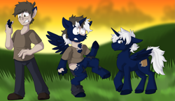 Size: 2069x1200 | Tagged: oc name needed, safe, artist:detectivecoon, oc, oc only, alicorn, human, pony, alicorn oc, chest fluff, clothes, denim, detailed background, floppy ears, folded wings, glasses, grass, gritted teeth, horn, human male, human to pony, jeans, light skin, male, outdoors, pants, ripping clothes, shirt, smiling, solo, spread wings, stallion, teeth, transformation, transformation sequence, unshorn fetlocks, wings