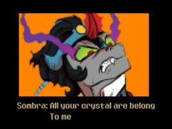 Size: 2271x1710 | Tagged: safe, artist:andypriceart, edit, editor:dematrix-edit, idw, king sombra, pony, unicorn, g4, all your base are belong to us, engrish, former good king sombra, game, good king sombra, male, meme, pixelated, sega, stallion, text, zero wing