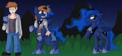 Size: 1280x592 | Tagged: safe, artist:detectivecoon, princess luna, oc, alicorn, human, pony, g4, ethereal mane, ethereal tail, female, gritted teeth, human to pony, male, male to female, mare, rule 63, starry mane, starry tail, tail, teeth, transformation, transformation sequence, transgender transformation
