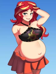 Size: 640x853 | Tagged: safe, artist:tzc, sunset shimmer, human, g4, belly, big belly, clothes, commission, female, gradient background, humanized, light skin, preggo shimmer, pregnant, solo, sunset preggers, swimsuit