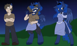 Size: 1280x768 | Tagged: safe, artist:detectivecoon, princess luna, oc, alicorn, human, anthro, g4, blushing, clothes, female, gritted teeth, human to anthro, male, male to female, rule 63, teeth, transformation, transformation sequence, transforming clothes, transgender transformation