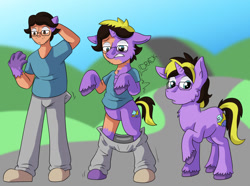 Size: 1280x953 | Tagged: safe, artist:detectivecoon, oc, oc only, human, pony, unicorn, cheek fluff, chest fluff, clothes, clothes falling off, glasses, gritted teeth, human to pony, looking at self, male, onomatopoeia, pants, pants down, raised hoof, shirt, shoes, solo, sound effects, stallion, stallion oc, t-shirt, teeth, transformation, transformation sequence, unshorn fetlocks