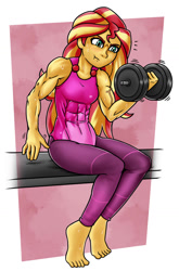 Size: 1024x1554 | Tagged: safe, artist:sandspire, sunset shimmer, human, equestria girls, g4, abs, dumbbell (object), female, muscles, muscular female, solo, sunset lifter, sweat, weight lifting, weights