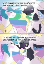 Size: 1100x1600 | Tagged: safe, artist:featherystorm, princess celestia, alicorn, arceus, pony, g4, blushing, crossover, crossover shipping, eyes closed, mythical pokémon, nuzzling, pokémon, shipping