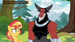 Size: 1192x670 | Tagged: safe, artist:andoanimalia, artist:luckreza8, edit, editor:voiceactorbobbyg25, lord tirek, sunset shimmer, centaur, pony, unicorn, taur, g4, duo, female, implied equestria girls, male, mare, tirek is not amused, unamused