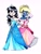 Size: 2004x2671 | Tagged: safe, artist:liaaqila, oc, oc only, oc:azure/sapphire, oc:zaria deibele, human, equestria girls, g4, clothes, crossdressing, dress, dress-up, female, femboy, gown, high heels, high res, jewelry, male, oc x oc, petticoat, princess costume, shipping, shoes, simple background, tiara, traditional art, white background, wig