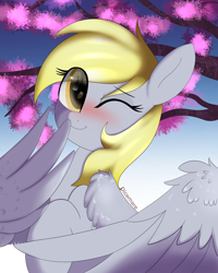 Size: 3200x4000 | Tagged: safe, artist:dicemarensfw, derpy hooves, pegasus, pony, g4, blushing, cute, derpabetes, female, high res, mare, one eye closed, pretty, smiling, solo, sweet, tree, weapons-grade cute