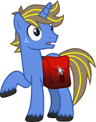 Size: 2085x2642 | Tagged: safe, artist:eclipsethings, oc, oc only, oc:stick click, pony, unicorn, bag, freckles, high res, male, open mouth, raised hoof, saddle bag, simple background, solo, stallion, surprised, transparent background, unshorn fetlocks, vector