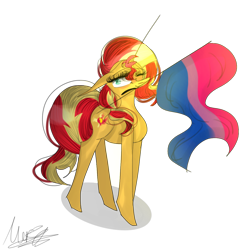 Size: 1280x1280 | Tagged: safe, artist:marzistudios, sunset shimmer, pony, unicorn, g4, bisexual pride flag, female, flag, mouth hold, pride, pride flag, simple background, solo, transparent background