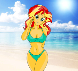 Size: 3448x3168 | Tagged: safe, artist:aboimages03, sunset shimmer, human, equestria girls, g4, beach, beautiful, belly button, bikini, breasts, busty sunset shimmer, cleavage, clothes, cute, female, green bikini, high res, legs together, ocean, shimmerbetes, solo, swimsuit, water