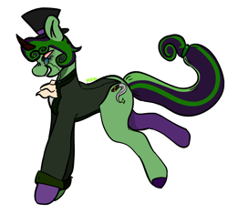 Size: 1304x1226 | Tagged: safe, artist:maggot, oc, oc only, oc:high society, pony, unicorn, clothes, colored hooves, grin, hat, hooves, monochrome, simple background, smiling, solo, tail, top hat, white background
