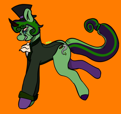 Size: 1304x1226 | Tagged: safe, alternate version, artist:maggot, oc, oc only, oc:high society, pony, unicorn, clothes, colored hooves, grin, hat, hooves, monochrome, orange background, simple background, smiling, solo, tail, top hat