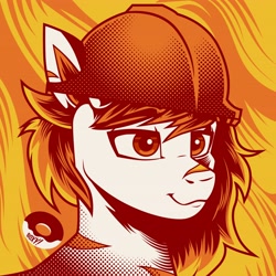 Size: 4096x4096 | Tagged: safe, artist:poxy_boxy, oc, oc only, pony, abstract background, bust, clothes, commission, facial scar, hard hat, hat, limited palette, nose scar, scar, smiling, solo