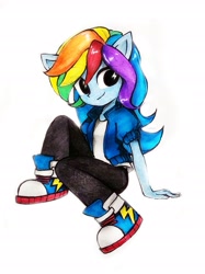 Size: 2033x2711 | Tagged: safe, artist:liaaqila, part of a set, rainbow dash, human, equestria girls, g4, clothes, converse, cute, dashabetes, equestria girls minis, female, high res, pony ears, shoes, simple background, solo, toy interpretation, traditional art, white background