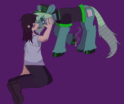 Size: 2736x2304 | Tagged: safe, artist:maggot, oc, oc:menthol virtue, earth pony, human, pony, cigarette, clothes, commission, drugs, hand on face, hat, heart, high res, hooves, lidded eyes, looking at each other, looking at someone, pants, purple background, sharp teeth, shirt, shoes, simple background, smoke, stoner, sweat, teeth, tongue out, unshorn fetlocks