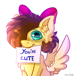 Size: 1992x2056 | Tagged: safe, artist:yuris, oc, oc only, oc:yuris, pegasus, pony, big eyes, bow, cute, ears up, female, filly, foal, freckles, hair bow, looking at you, mouth hold, reaction image, sign, simple background, smiling, solo, spread wings, white background, wings