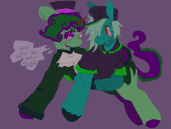 Size: 1425x1073 | Tagged: safe, artist:maggot, oc, oc only, oc:high society, oc:menthol virtue, earth pony, pony, unicorn, clothes, crying, dialogue, drugs, duo, hat, hooves, js paint, lidded eyes, looking at each other, looking at someone, male, marijuana, purple background, simple background, speech bubble, stallion, stoner, sweat, top hat, unshorn fetlocks